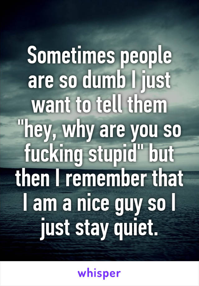 Sometimes people are so dumb I just want to tell them "hey, why are you so fucking stupid" but then I remember that I am a nice guy so I just stay quiet.