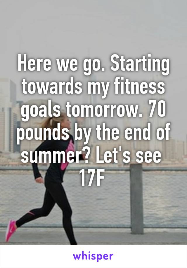 Here we go. Starting towards my fitness goals tomorrow. 70 pounds by the end of summer? Let's see 
17F 
