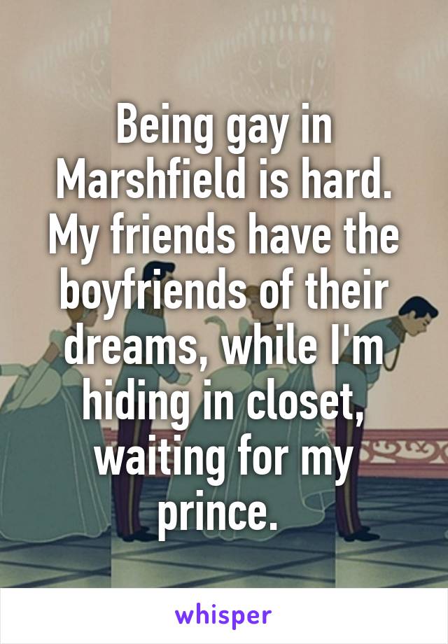 Being gay in Marshfield is hard. My friends have the boyfriends of their dreams, while I'm hiding in closet, waiting for my prince. 