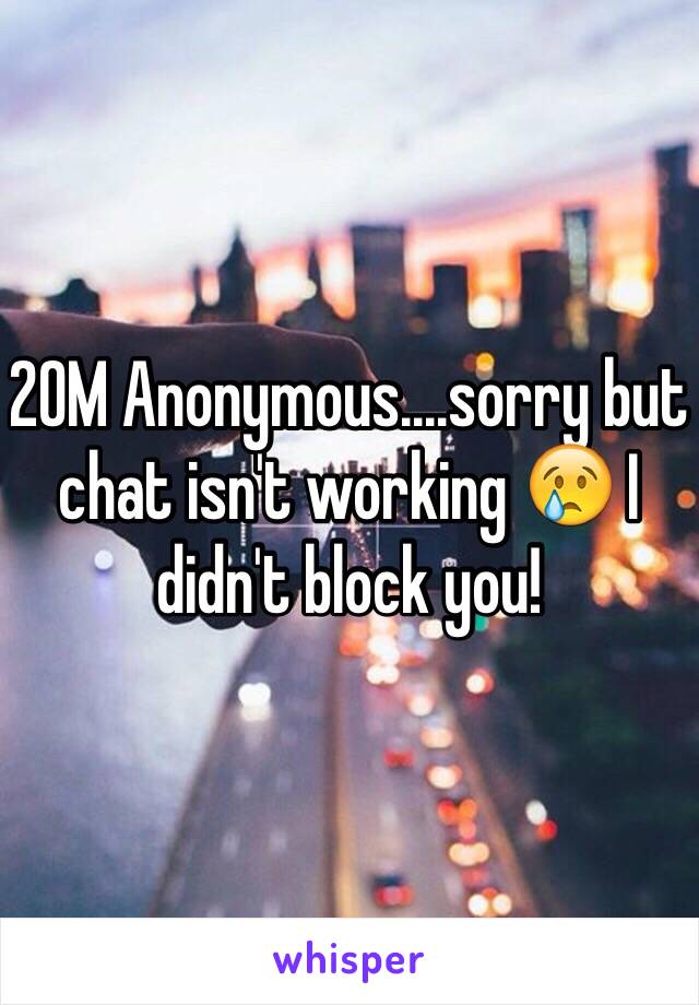 20M Anonymous....sorry but chat isn't working 😢 I didn't block you!