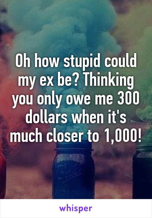 Oh how stupid could my ex be? Thinking you only owe me 300 dollars when it's much closer to 1,000! 