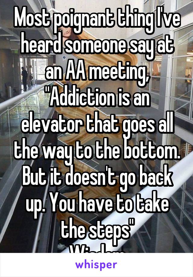 Most poignant thing I've heard someone say at an AA meeting, "Addiction is an elevator that goes all the way to the bottom. But it doesn't go back up. You have to take the steps"
Wisdom