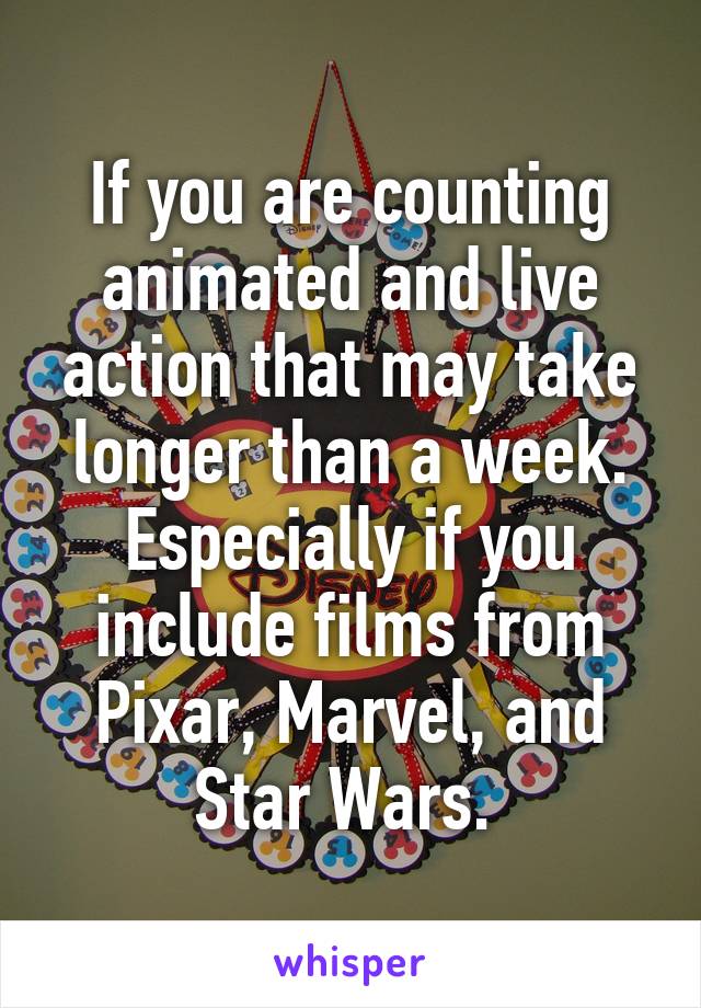 If you are counting animated and live action that may take longer than a week. Especially if you include films from Pixar, Marvel, and Star Wars. 