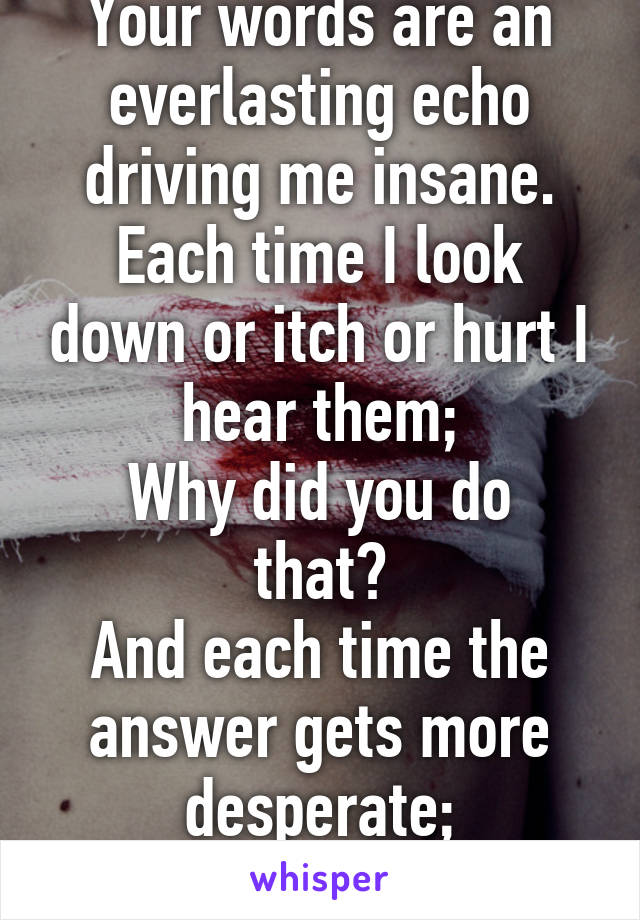 Your words are an everlasting echo driving me insane.
Each time I look down or itch or hurt I hear them;
Why did you do that?
And each time the answer gets more desperate;
I don't know