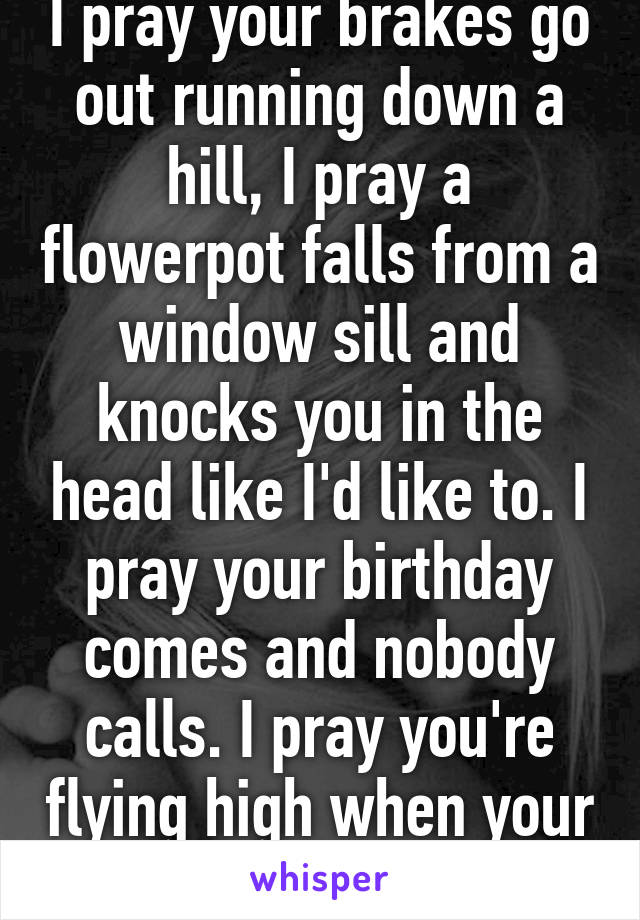 I pray your brakes go out running down a hill, I pray a flowerpot falls from a window sill and knocks you in the head like I'd like to. I pray your birthday comes and nobody calls. I pray you're flying high when your engine stalls. 