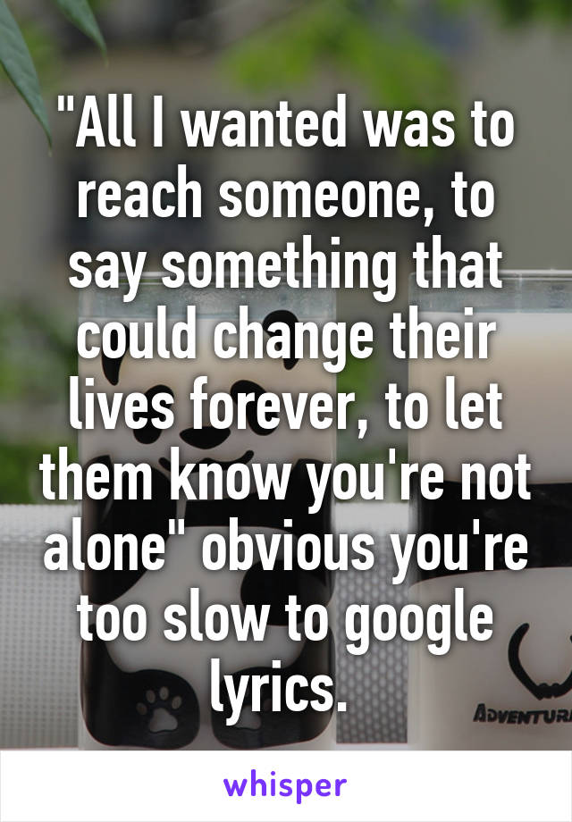 "All I wanted was to reach someone, to say something that could change their lives forever, to let them know you're not alone" obvious you're too slow to google lyrics. 