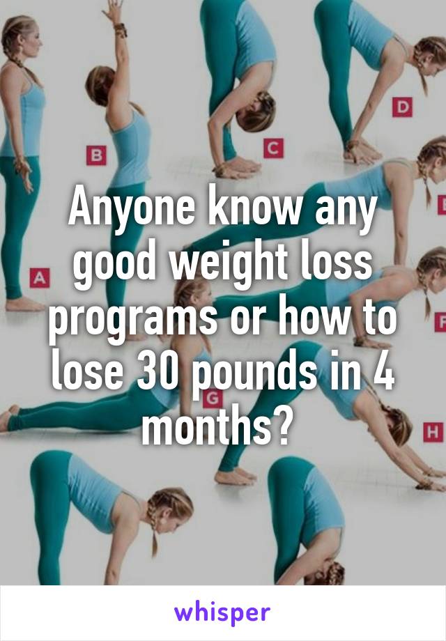 Anyone know any good weight loss programs or how to lose 30 pounds in 4 months? 