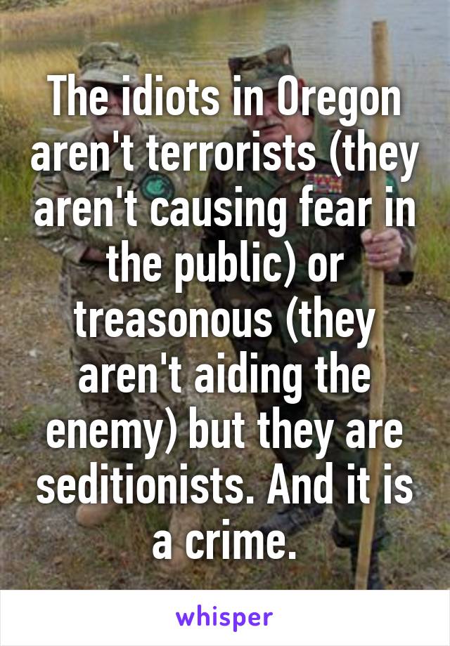 The idiots in Oregon aren't terrorists (they aren't causing fear in the public) or treasonous (they aren't aiding the enemy) but they are seditionists. And it is a crime.