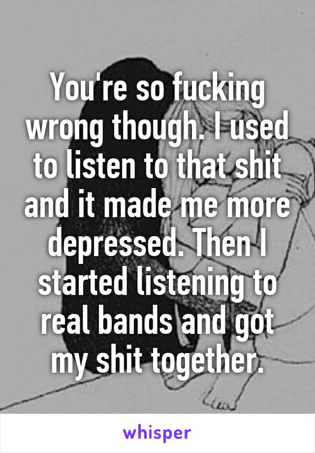 You're so fucking wrong though. I used to listen to that shit and it made me more depressed. Then I started listening to real bands and got my shit together.