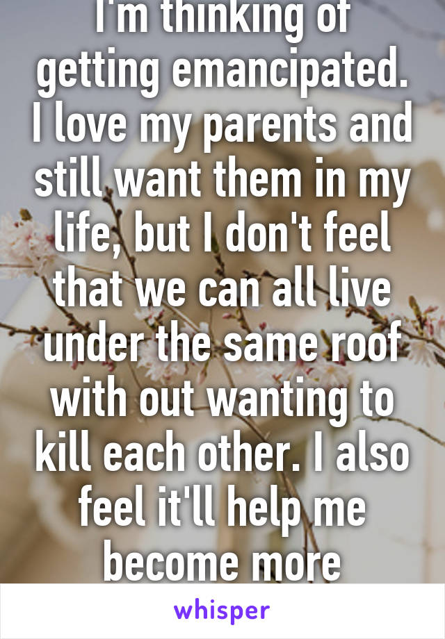 I'm thinking of getting emancipated. I love my parents and still want them in my life, but I don't feel that we can all live under the same roof with out wanting to kill each other. I also feel it'll help me become more independent