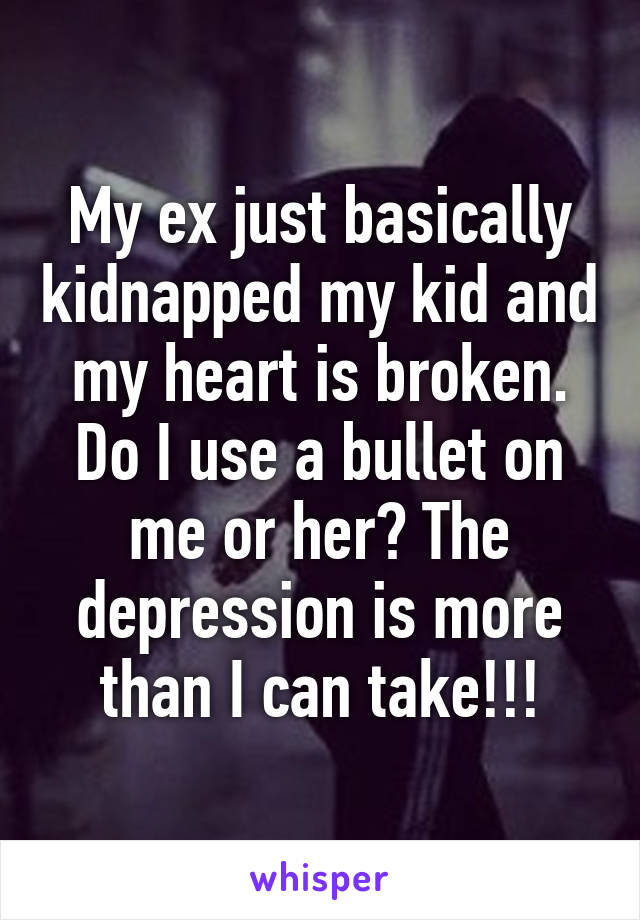 My ex just basically kidnapped my kid and my heart is broken. Do I use a bullet on me or her? The depression is more than I can take!!!