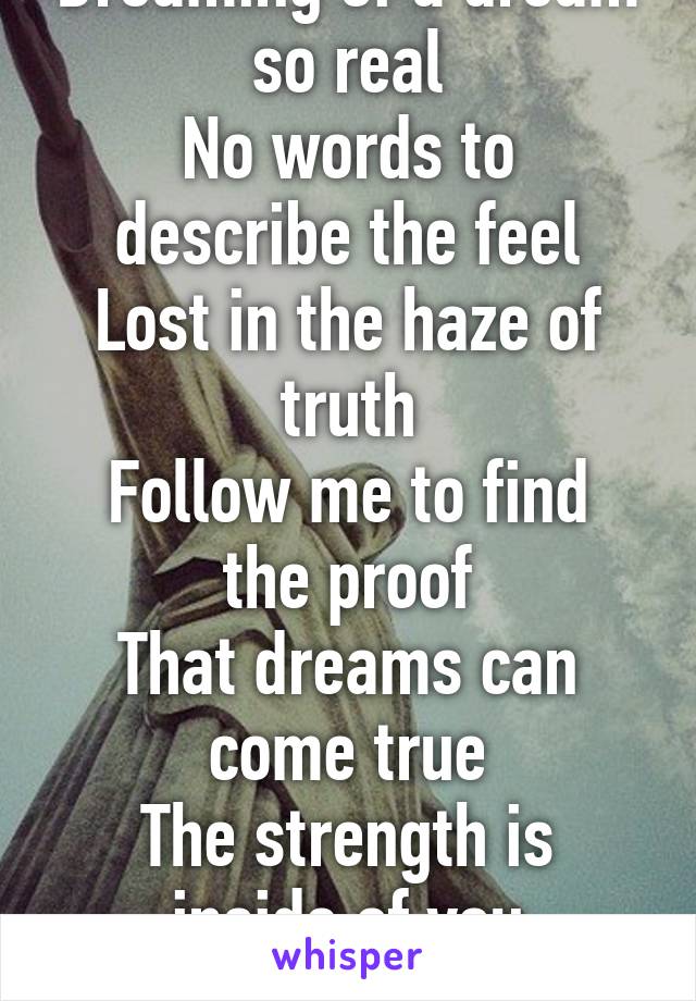 Dreaming of a dream so real
No words to describe the feel
Lost in the haze of truth
Follow me to find the proof
That dreams can come true
The strength is inside of you
