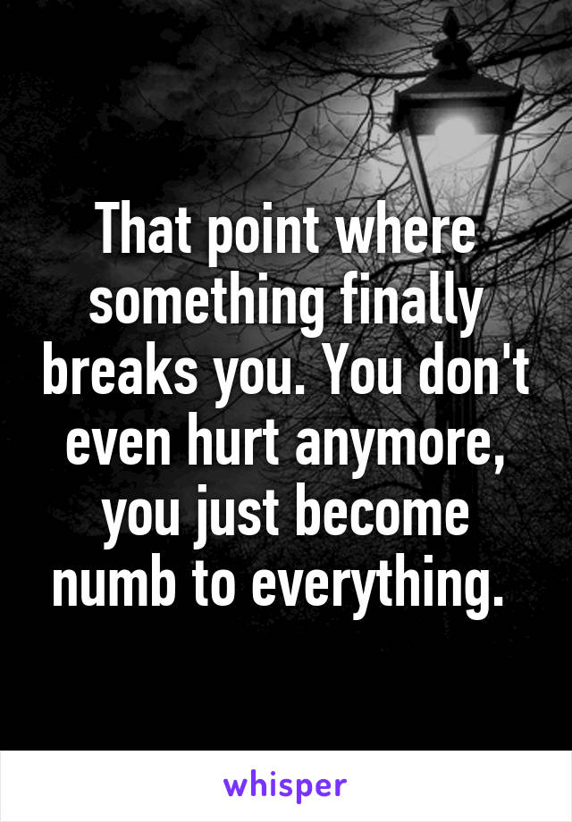 That point where something finally breaks you. You don't even hurt anymore, you just become numb to everything. 