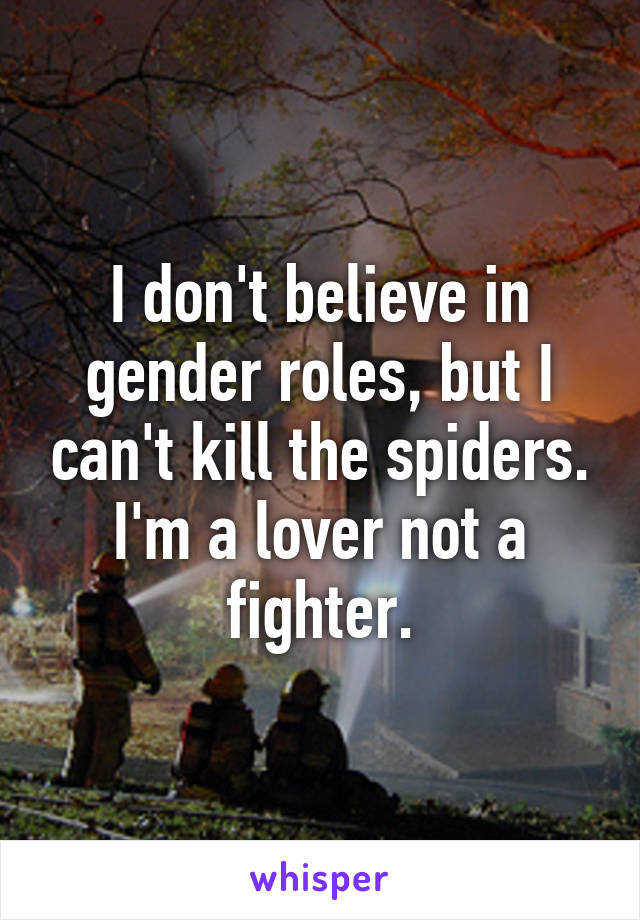 I don't believe in gender roles, but I can't kill the spiders. I'm a lover not a fighter.