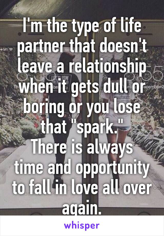 I'm the type of life partner that doesn't leave a relationship when it gets dull or boring or you lose that "spark."
There is always time and opportunity to fall in love all over again.