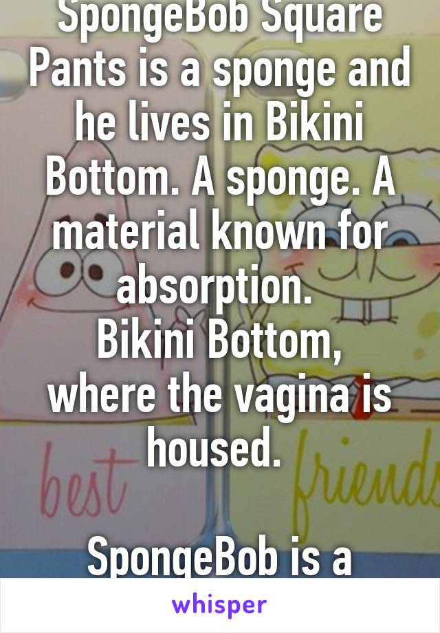 SpongeBob Square Pants is a sponge and he lives in Bikini Bottom. A sponge. A material known for absorption. 
Bikini Bottom, where the vagina is housed. 

SpongeBob is a tampon 