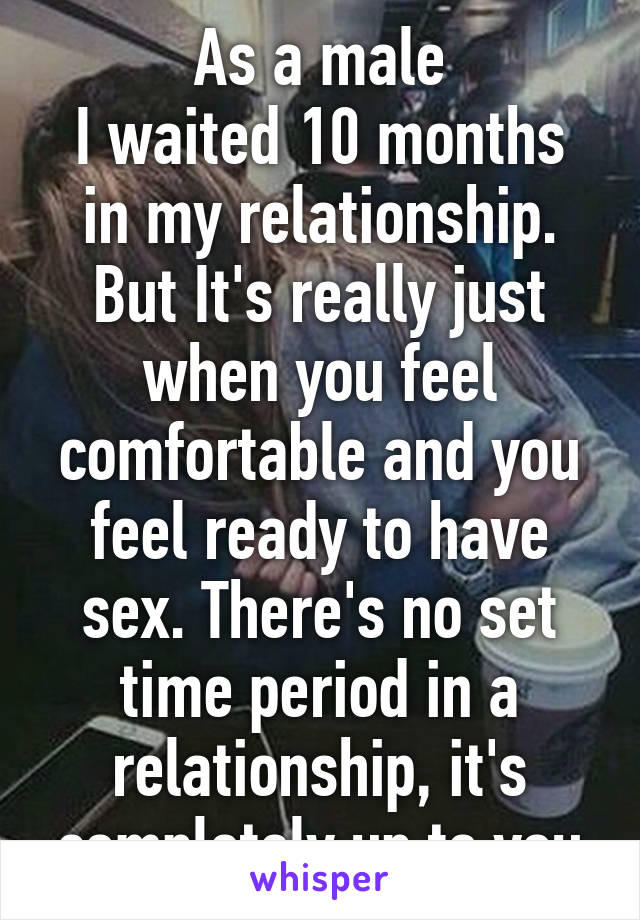 As a male
I waited 10 months in my relationship. But It's really just when you feel comfortable and you feel ready to have sex. There's no set time period in a relationship, it's completely up to you