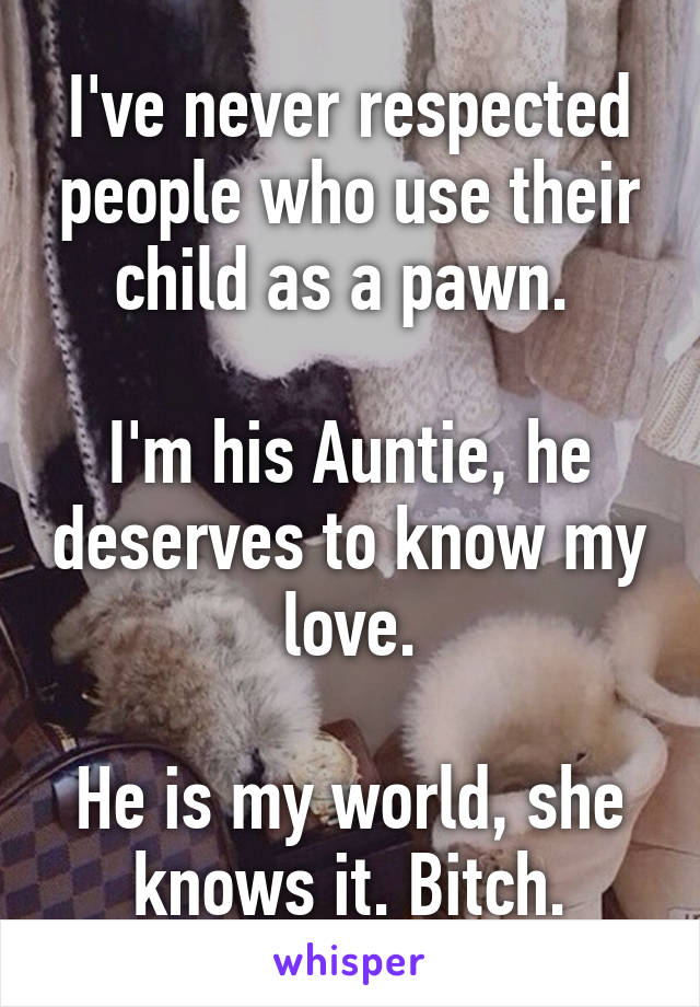 I've never respected people who use their child as a pawn. 

I'm his Auntie, he deserves to know my love.

He is my world, she knows it. Bitch.