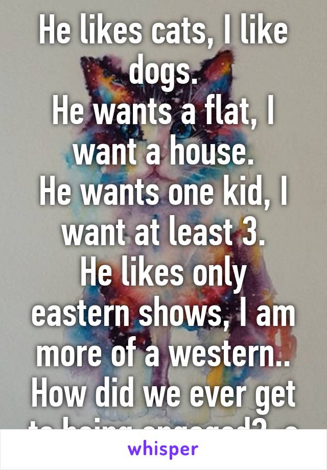 He likes cats, I like dogs.
He wants a flat, I want a house.
He wants one kid, I want at least 3.
He likes only eastern shows, I am more of a western..
How did we ever get to being engaged? :o