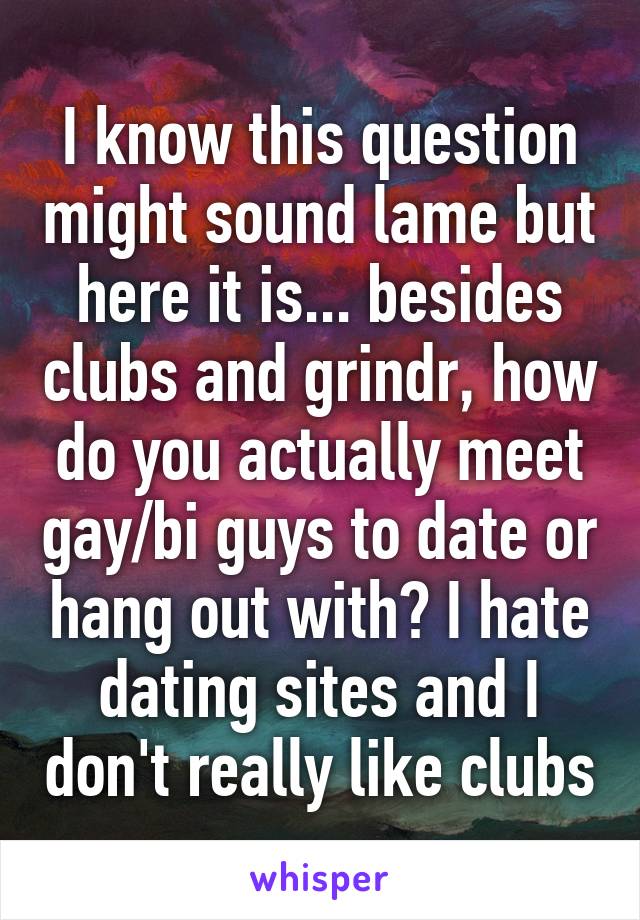 I know this question might sound lame but here it is... besides clubs and grindr, how do you actually meet gay/bi guys to date or hang out with? I hate dating sites and I don't really like clubs