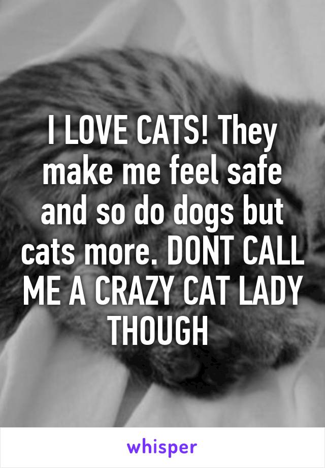 I LOVE CATS! They make me feel safe and so do dogs but cats more. DONT CALL ME A CRAZY CAT LADY THOUGH 