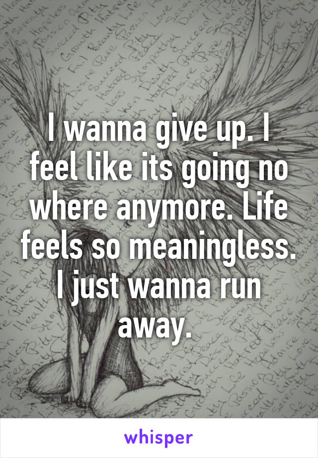 I wanna give up. I feel like its going no where anymore. Life feels so meaningless. I just wanna run away. 