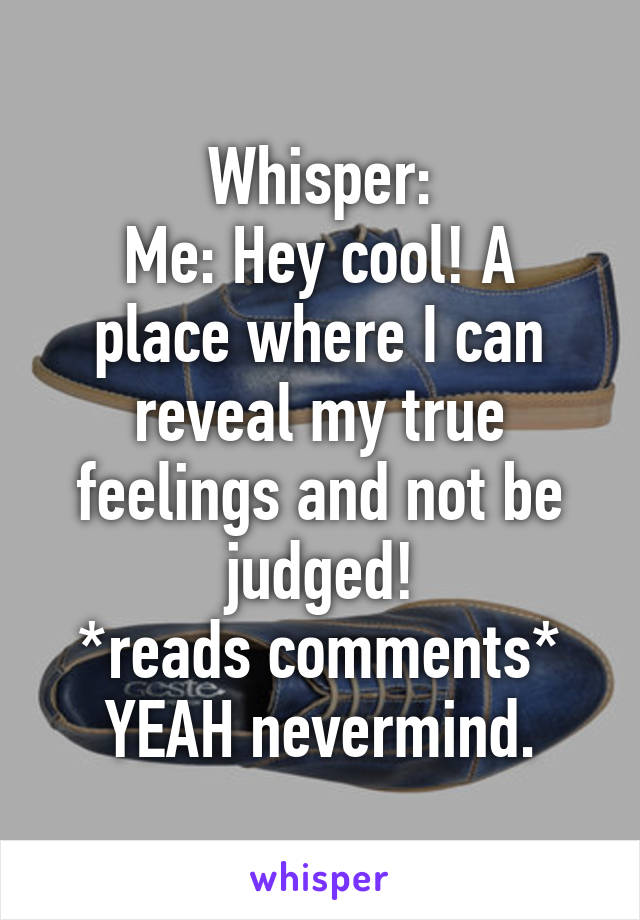 Whisper:
Me: Hey cool! A place where I can reveal my true feelings and not be judged!
*reads comments*
YEAH nevermind.