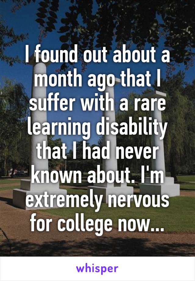 I found out about a month ago that I suffer with a rare learning disability that I had never known about. I'm extremely nervous for college now...