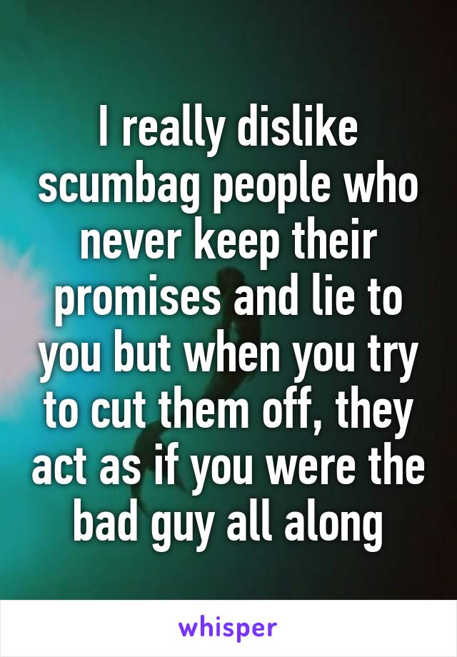 I really dislike scumbag people who never keep their promises and lie to you but when you try to cut them off, they act as if you were the bad guy all along