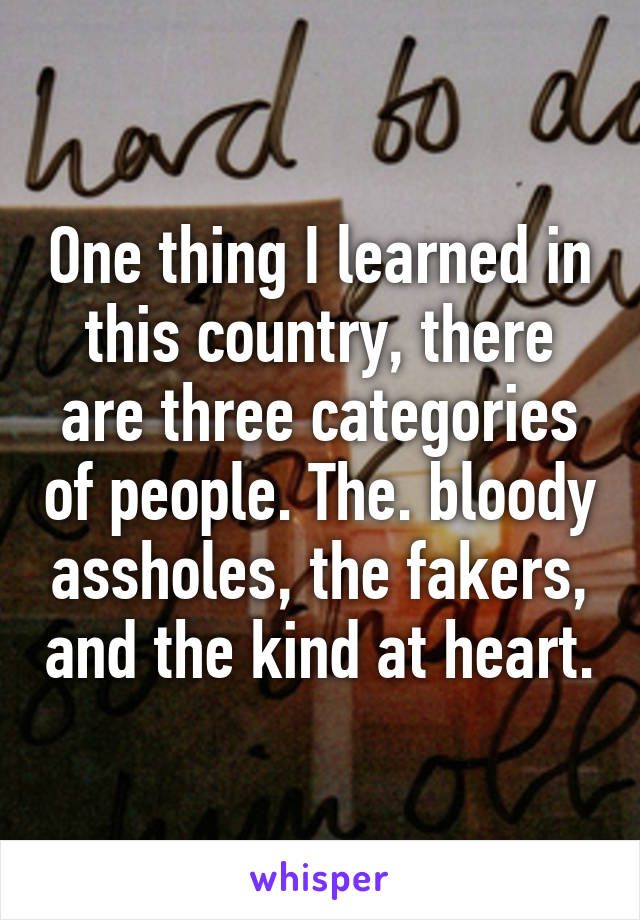 One thing I learned in this country, there are three categories of people. The. bloody assholes, the fakers, and the kind at heart.