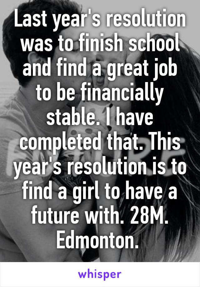 Last year's resolution was to finish school and find a great job to be financially stable. I have completed that. This year's resolution is to find a girl to have a future with. 28M. Edmonton. 
