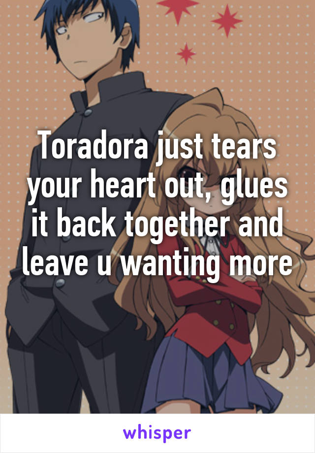 Toradora just tears your heart out, glues it back together and leave u wanting more 