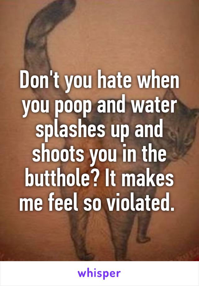 Don't you hate when you poop and water splashes up and shoots you in the butthole? It makes me feel so violated. 