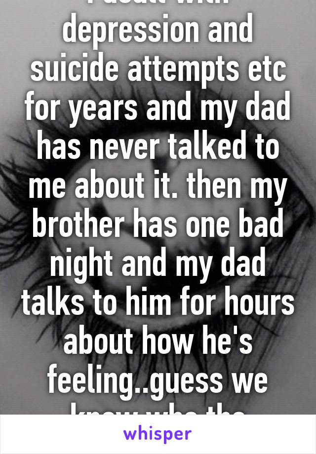 I dealt with depression and suicide attempts etc for years and my dad has never talked to me about it. then my brother has one bad night and my dad talks to him for hours about how he's feeling..guess we know who the favorite child is.