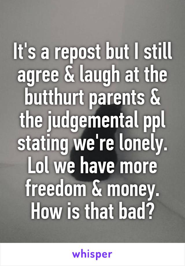 It's a repost but I still agree & laugh at the butthurt parents & the judgemental ppl stating we're lonely. Lol we have more freedom & money. How is that bad?