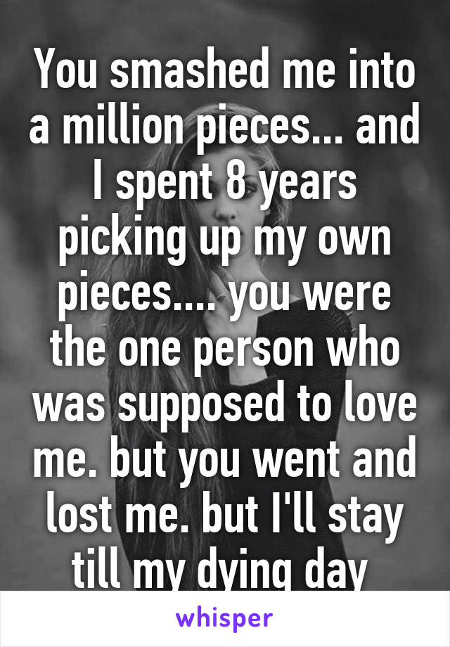 You smashed me into a million pieces... and I spent 8 years picking up my own pieces.... you were the one person who was supposed to love me. but you went and lost me. but I'll stay till my dying day 