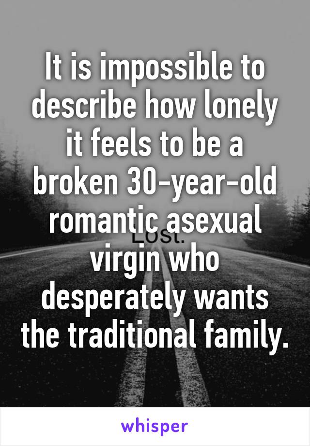 It is impossible to describe how lonely it feels to be a broken 30-year-old romantic asexual virgin who desperately wants the traditional family. 