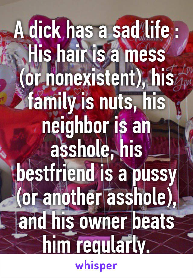 A dick has a sad life :
His hair is a mess (or nonexistent), his family is nuts, his neighbor is an asshole, his bestfriend is a pussy (or another asshole), and his owner beats him regularly.