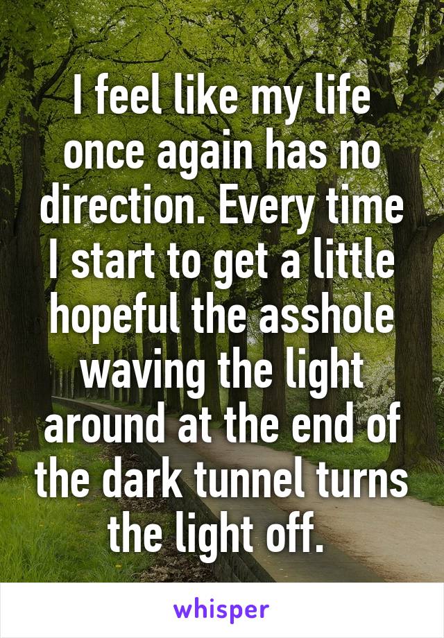 I feel like my life once again has no direction. Every time I start to get a little hopeful the asshole waving the light around at the end of the dark tunnel turns the light off. 