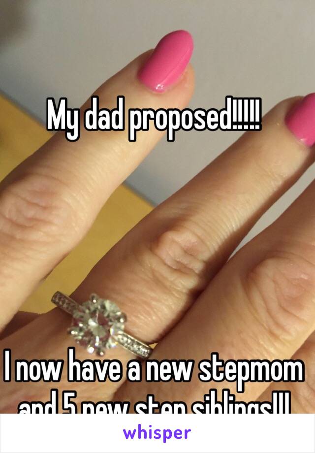 My dad proposed!!!!!





I now have a new stepmom and 5 new step siblings!!!