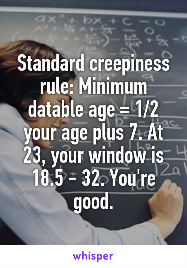 Standard creepiness rule: Minimum datable age = 1/2 your age plus 7. At 23, your window is 18.5 - 32. You're good.