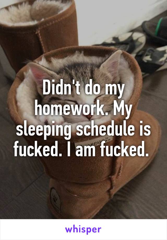 Didn't do my homework. My sleeping schedule is fucked. I am fucked. 