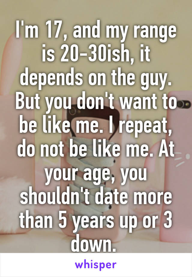 I'm 17, and my range is 20-30ish, it depends on the guy. But you don't want to be like me. I repeat, do not be like me. At your age, you shouldn't date more than 5 years up or 3 down. 