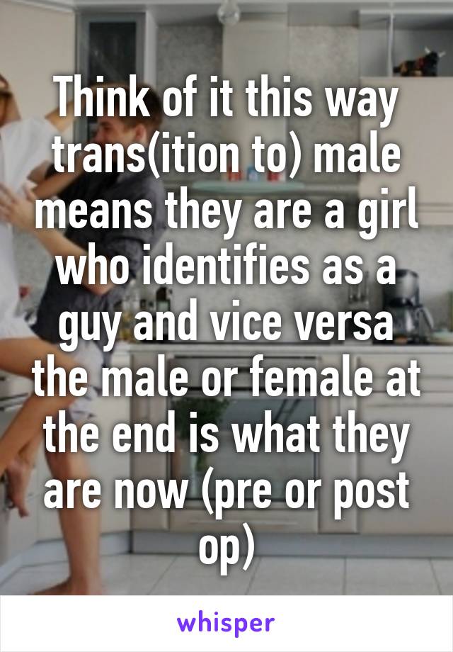 Think of it this way trans(ition to) male means they are a girl who identifies as a guy and vice versa the male or female at the end is what they are now (pre or post op)