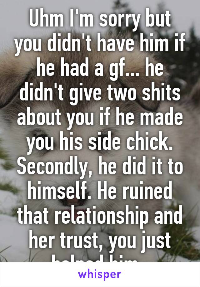 Uhm I'm sorry but you didn't have him if he had a gf... he didn't give two shits about you if he made you his side chick. Secondly, he did it to himself. He ruined that relationship and her trust, you just helped him. 