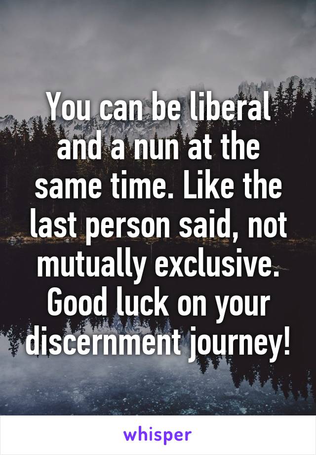 You can be liberal and a nun at the same time. Like the last person said, not mutually exclusive. Good luck on your discernment journey!