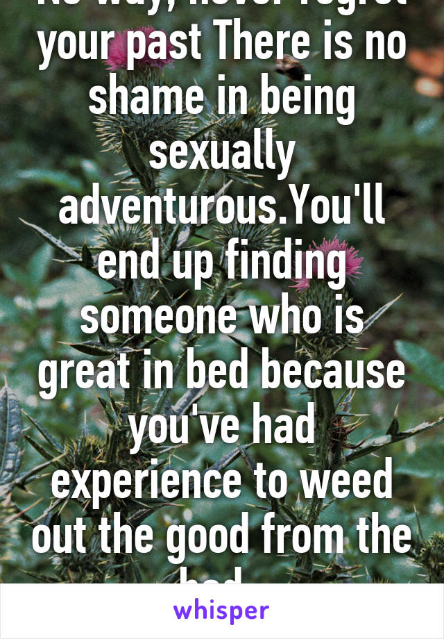 No way, never regret your past There is no shame in being sexually adventurous.You'll end up finding someone who is great in bed because you've had experience to weed out the good from the bad. 
