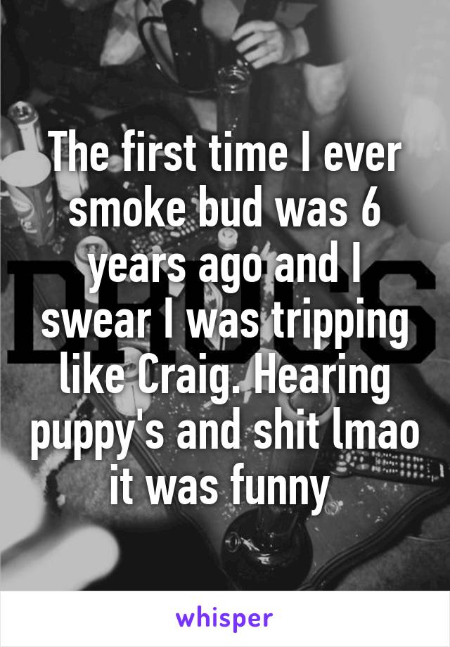 The first time I ever smoke bud was 6 years ago and I swear I was tripping like Craig. Hearing puppy's and shit lmao it was funny 