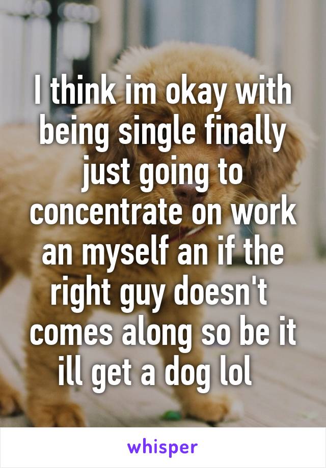 I think im okay with being single finally just going to concentrate on work an myself an if the right guy doesn't  comes along so be it ill get a dog lol  
