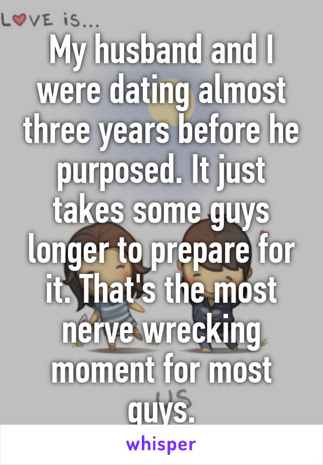 My husband and I were dating almost three years before he purposed. It just takes some guys longer to prepare for it. That's the most nerve wrecking moment for most guys.